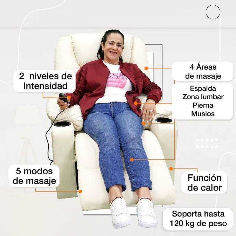 Sillón elevador ultra masajeador térmico, reclinable, carga puerto USB tipo C - Stand Up Couch