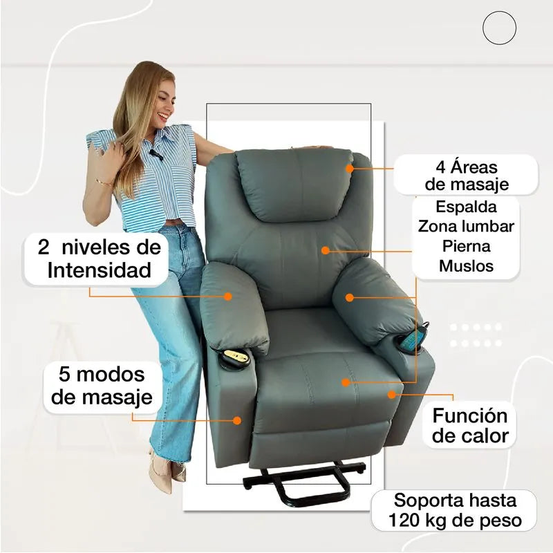 Sillón elevador ultra masajeador térmico, reclinable, carga puerto USB tipo C - Stand Up Couch