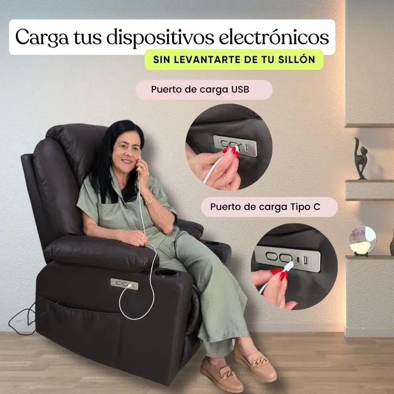 Sillón elevador ultra masajeador térmico, reclinable, carga puerto USB tipo C - Stand Up Couch