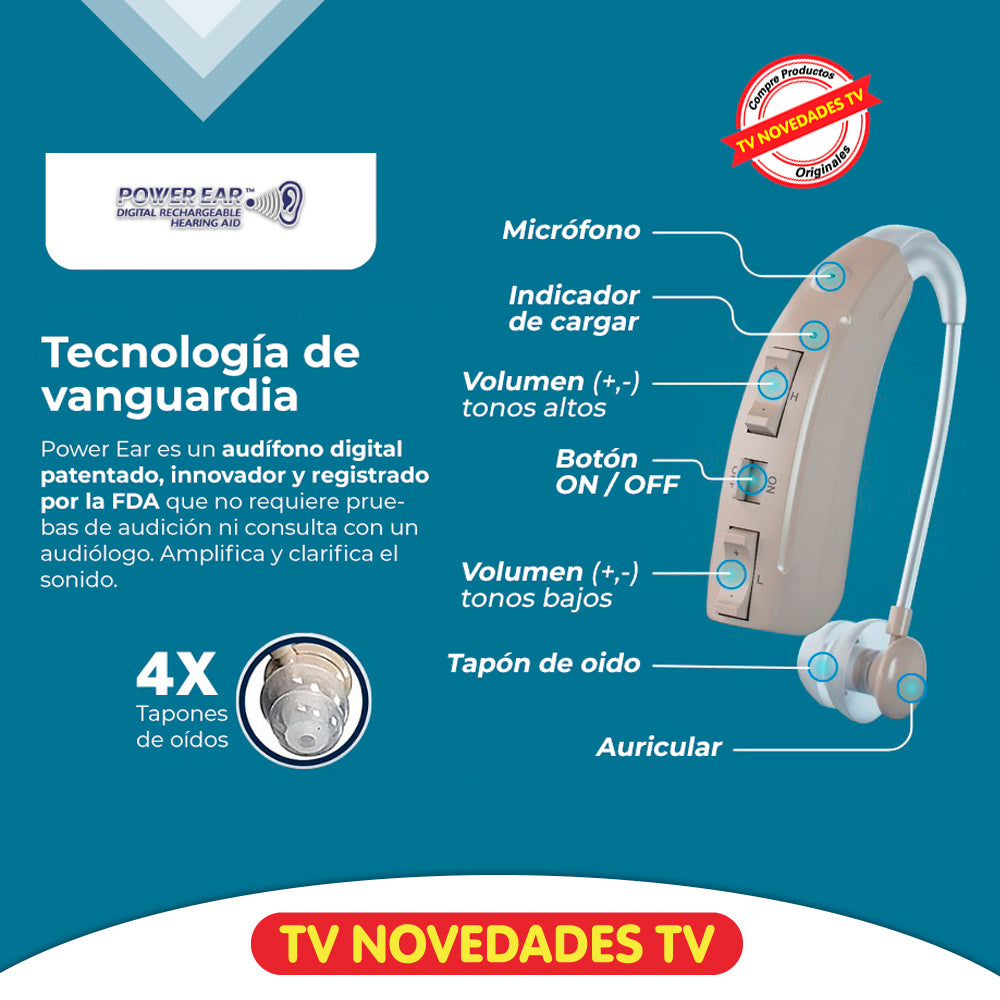 Audífonos para personas mayores Power Ear. Permite regular los sonidos altos y bajos. Producto aprobado por la FDA de Estados Unidos