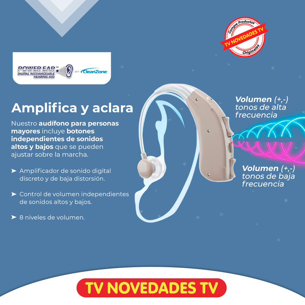 Audífonos para personas mayores Power Ear. Permite regular los sonidos altos y bajos. Producto aprobado por la FDA de Estados Unidos