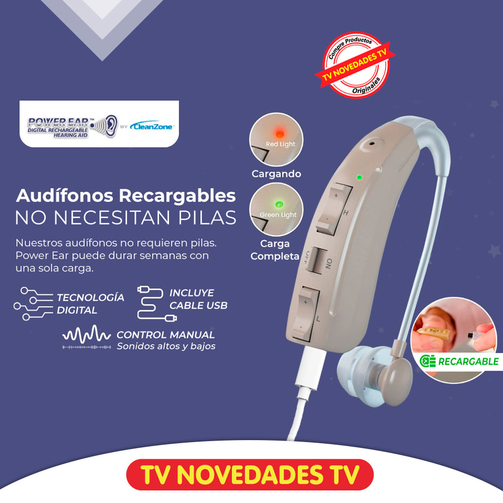 Audífonos para personas mayores Power Ear. Permite regular los sonidos altos y bajos. Producto aprobado por la FDA de Estados Unidos